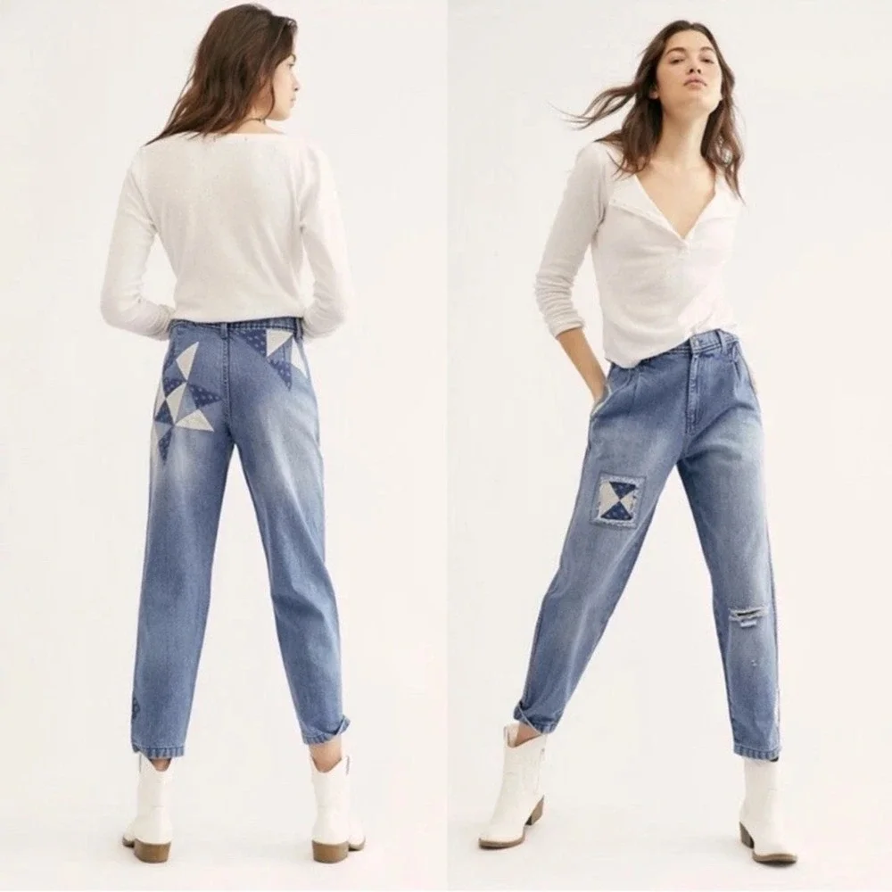 FP We The Free Down To Earth Patched Ripped Tapered Blue Jeans Sz 29 Boho Hippie